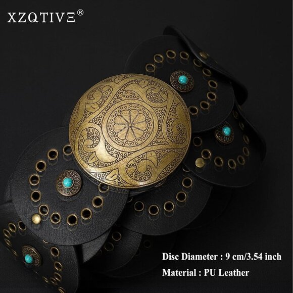 Woman\'s Western PU Leather Belts Concho Disc Wide Waist Belt Black Bronze Buckle main image 4